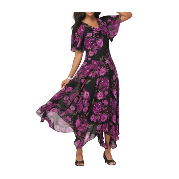 Roaman's Women's Plus Size 28 Black Floral Sequin Maxi Dress Flutter Sleeves NWT - Picture 1 of 11